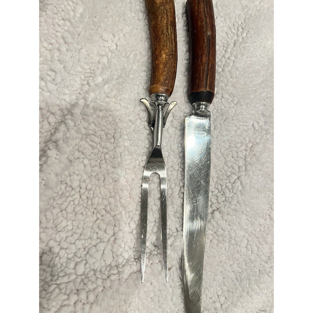 Vintage Universal Stainless Steel Carving 2 Piece Set With Faux Antler Handles